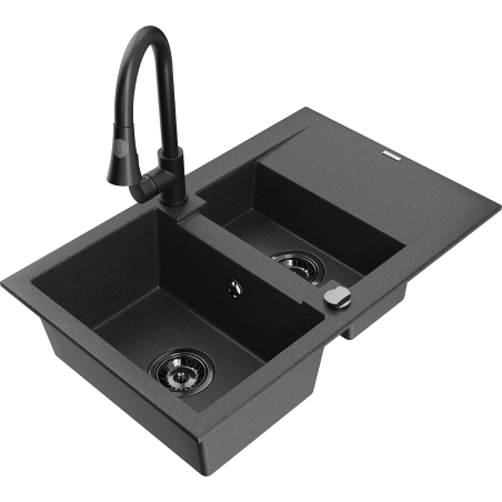 Mexen Gaspar granit izlietne ar 1,5 nodalījumiem ar noteci un virtuves jaucējkrānu Elia, melns raibs - 6507-76-670101-70-B
