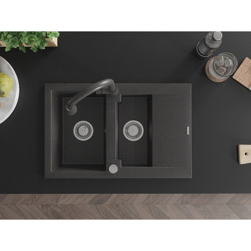Mexen Gaspar fregadero de granito de 1,5 senos con escurridor y grifo de cocina Elia, negro moteado - 6507-76-670101-76