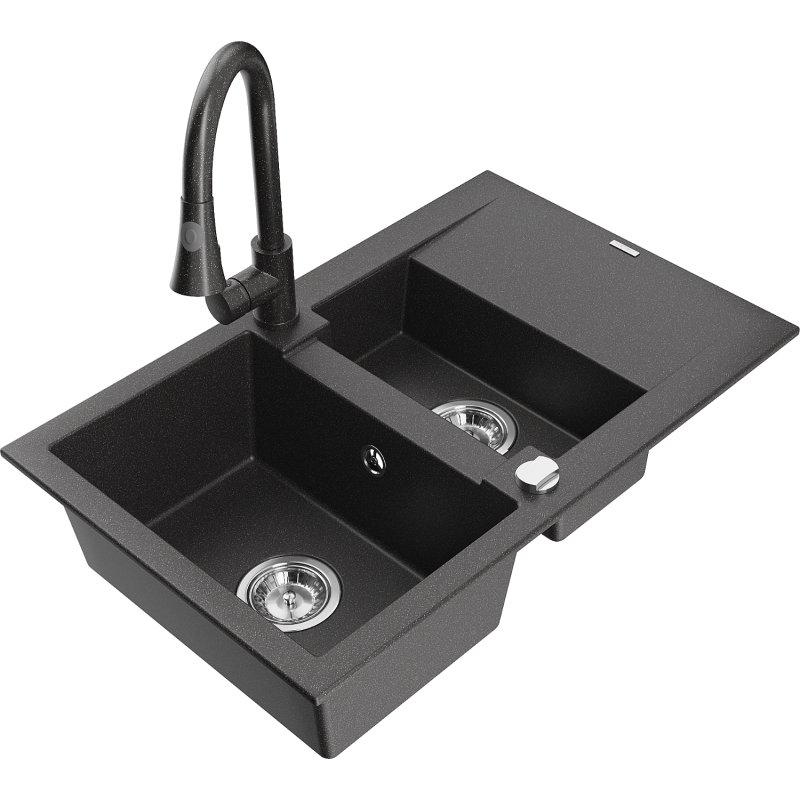 Mexen Gaspar graniittinen 1,5-altaan pesuallas valutustasolla ja keittiöhanalla Elia, musta täplikäs - 6507-76-670101-76