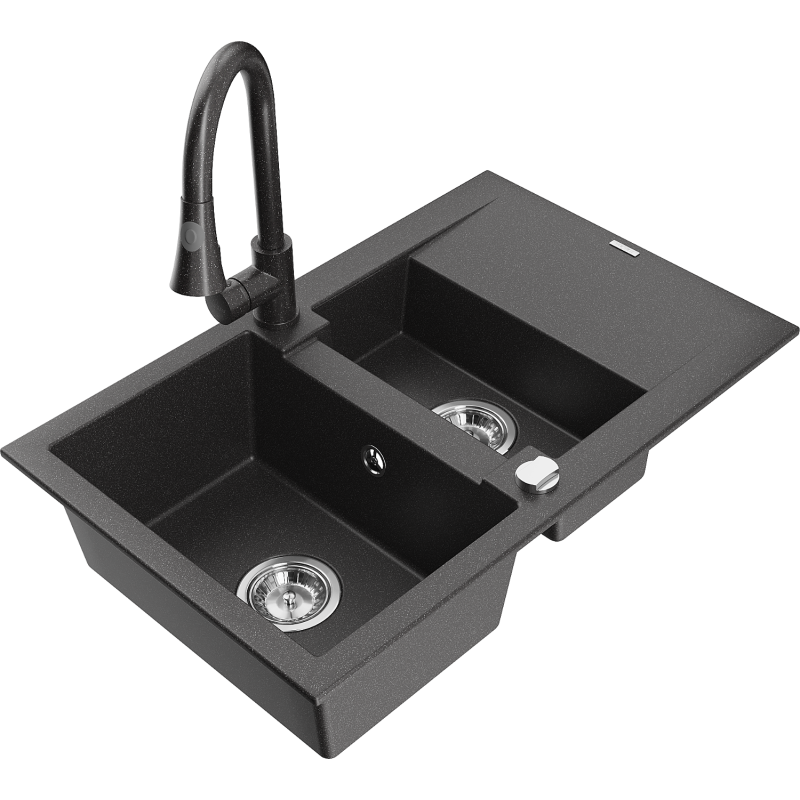 Mexen Gaspar granite sink 1.5-bowl with drainer and Elia kitchen tap, speckled black - 6507-76-670101-76