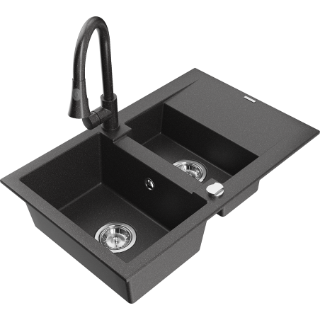 Mexen Gaspar fregadero de granito de 1,5 senos con escurridor y grifo de cocina Elia, negro moteado - 6507-76-670101-76