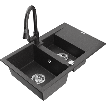 Mexen Gaspar lavello in granito a 1,5 vasche con gocciolatoio e rubinetto da cucina Elia, nero maculato - 6507-76-670101-76