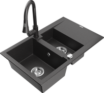 Mexen Gaspar granite sink 1.5-bowl with drainer and Elia kitchen tap, speckled black - 6507-76-670101-76
