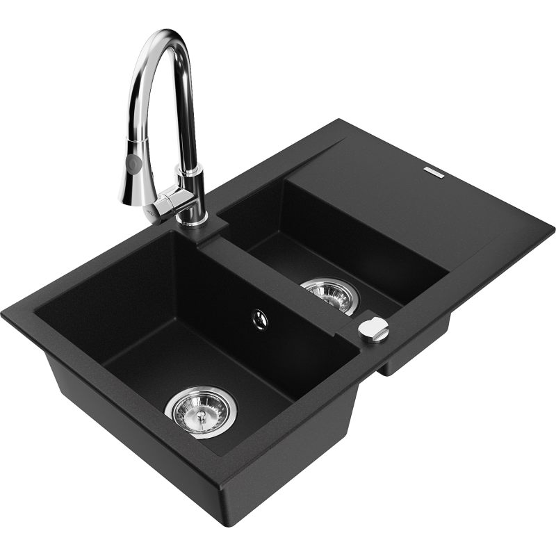 Mexen Gaspar fregadero de granito 1,5 senos con escurridor y grifo de cocina Elia, negro - 6507-77-670101-00