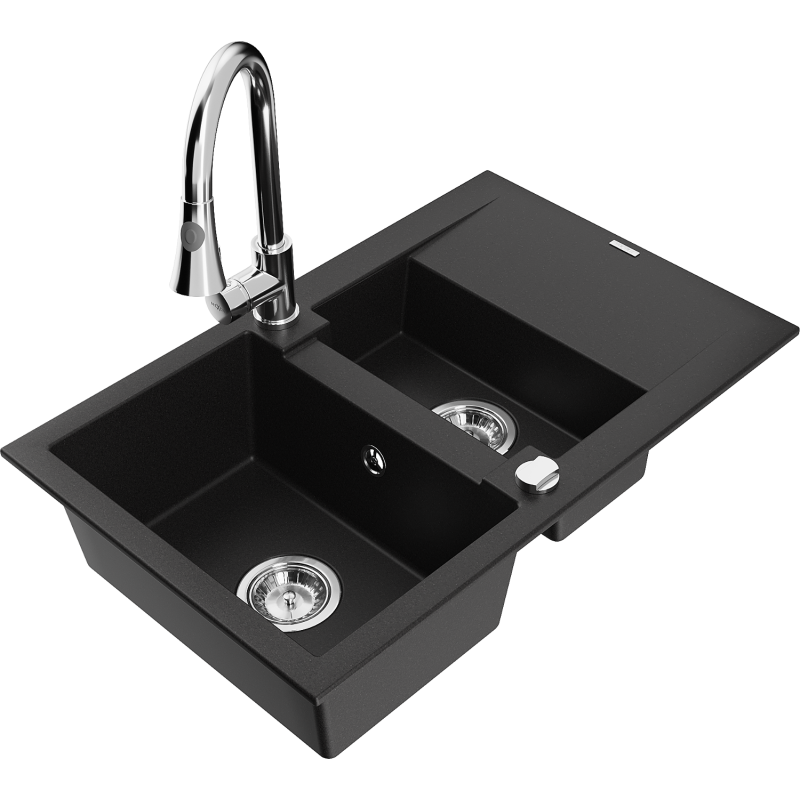 Mexen Gaspar Granite Sink 1.5 Bowl with Drainer and Elia Kitchen Tap, Black - 6507-77-670101-00