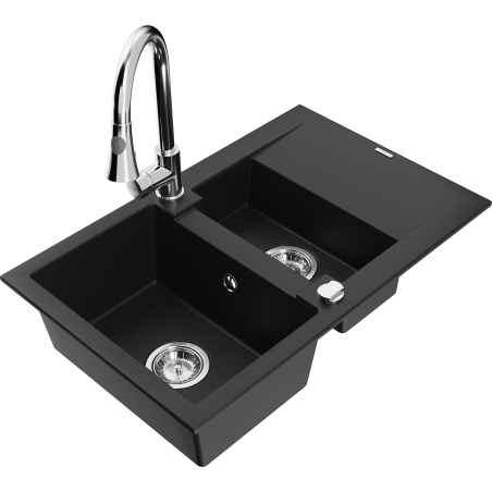 Mexen Gaspar fregadero de granito 1,5 senos con escurridor y grifo de cocina Elia, negro - 6507-77-670101-00