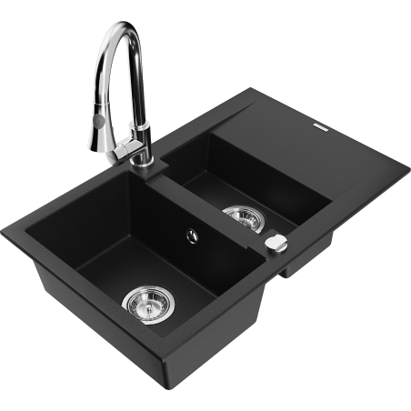 Mexen Gaspar Granite Sink 1.5 Bowl with Drainer and Elia Kitchen Tap, Black - 6507-77-670101-00