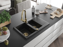Mexen Gaspar granite sink 1.5-bowl with drainer and Elia kitchen tap, black - 6507-77-670101-50