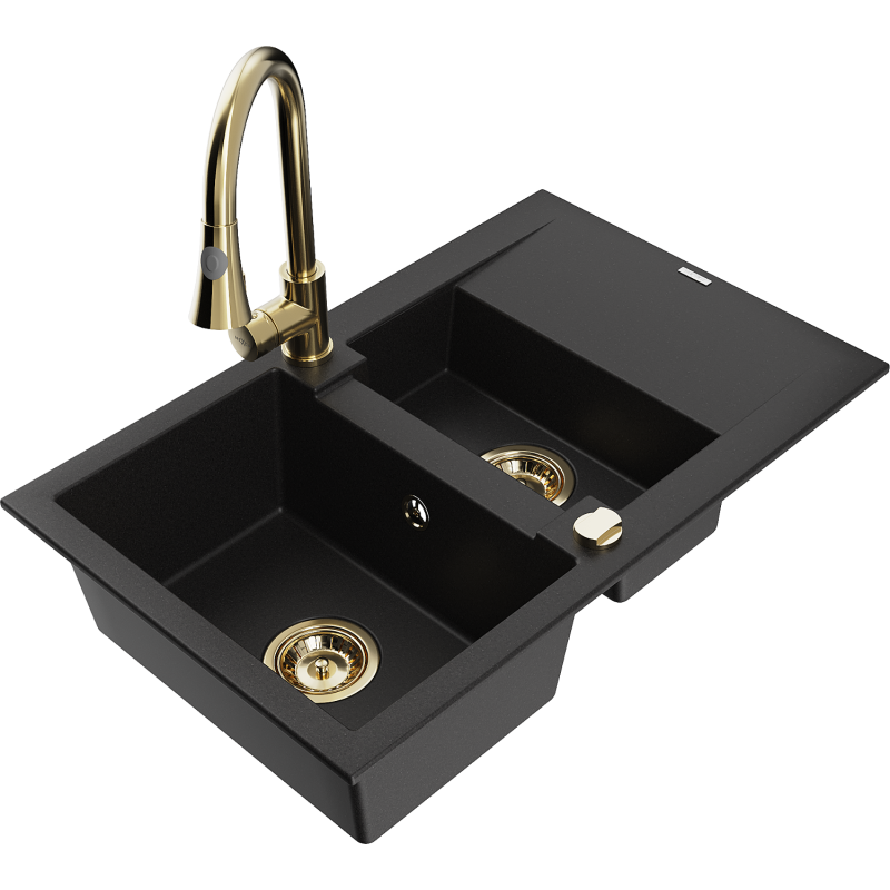 Mexen Gaspar granitdiskho med 1,5 fack och avrinningsyta och kökskran Elia, svart - 6507-77-670101-50