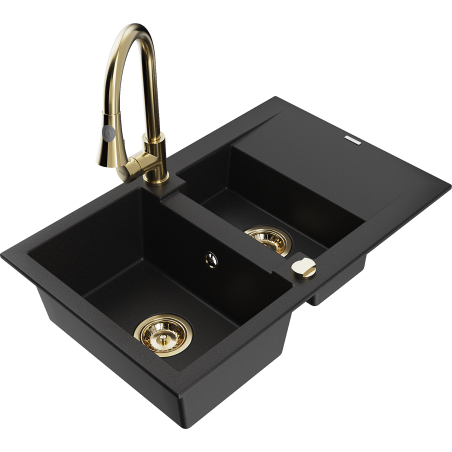 Mexen Gaspar évier en granit 1,5 cuves avec égouttoir et robinet de cuisine Elia, noir - 6507-77-670101-50