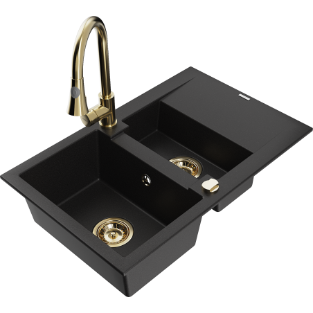 Mexen Gaspar granit izlietne ar 1,5 kameru un noteces reni un virtuves jaucējkrānu Elia, melna - 6507-77-670101-50