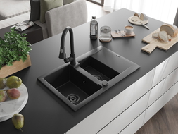 Mexen Gaspar granite sink 1.5-bowl with drainer and Elia kitchen tap, black - 6507-77-670101-70-B
