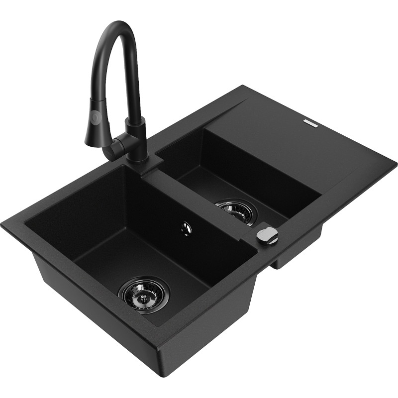 Mexen Gaspar fregadero de granito 1,5 senos con escurridor y grifo de cocina Elia, negro - 6507-77-670101-70-B