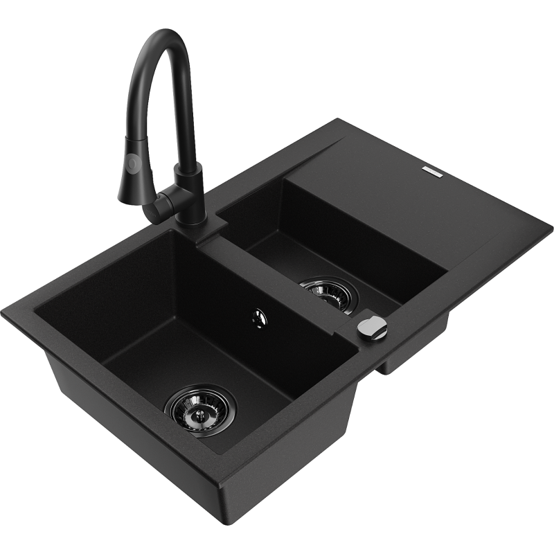 Mexen Gaspar fregadero de granito de 1,5 senos con escurridor y grifo de cocina Elia, negro - 6507-77-670101-70-B