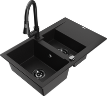 Mexen Gaspar granite sink 1.5-bowl with drainer and Elia kitchen tap, black - 6507-77-670101-70-B