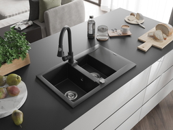 Mexen Gaspar Granitspüle 1,5-Becken mit Abtropffläche und Küchenarmatur Elia, schwarz - 6507-77-670101-70