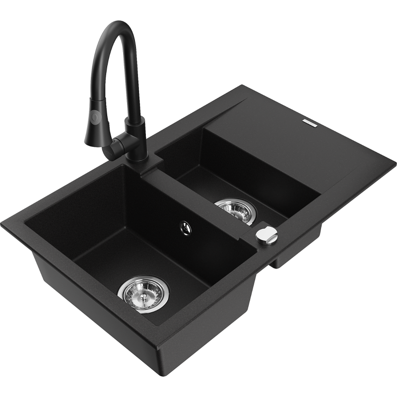 Mexen Gaspar 1,5-allasrunkoinen graniittiallas, valutusalueella ja keittiöhanalla Elia, musta - 6507-77-670101-70