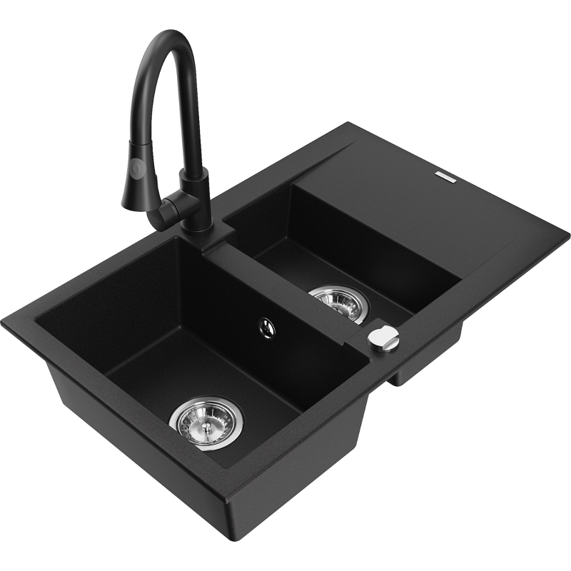 Mexen Gaspar granite sink 1.5-bowl with drainer and Elia kitchen tap, black - 6507-77-670101-70