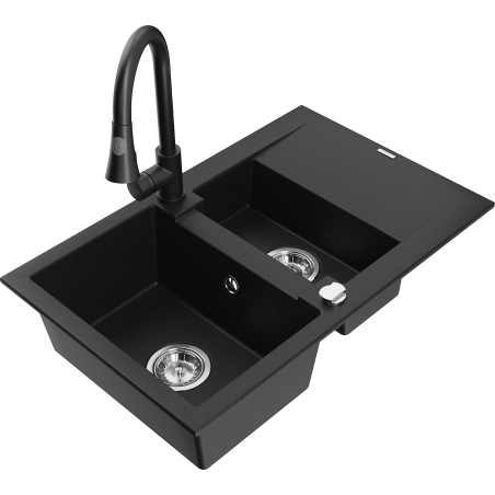 Mexen Gaspar granit izlietne ar 1,5 nodalījumiem ar noteci un virtuves krānu Elia, melna - 6507-77-670101-70