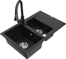 Mexen Gaspar fregadero de granito de 1,5 senos con escurridor y grifo de cocina Elia, negro - 6507-77-670101-70