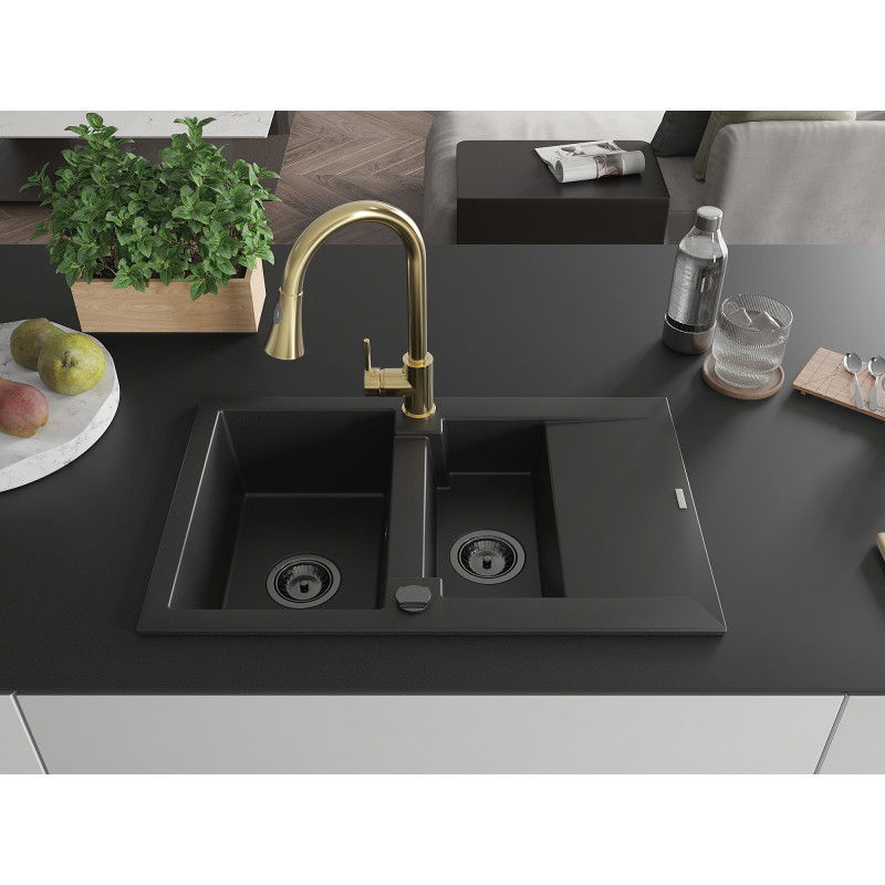 Mexen Gaspar fregadero de granito 1,5 senos con escurridor y grifo de cocina Elia, negro - 6507-77-670101-50-B