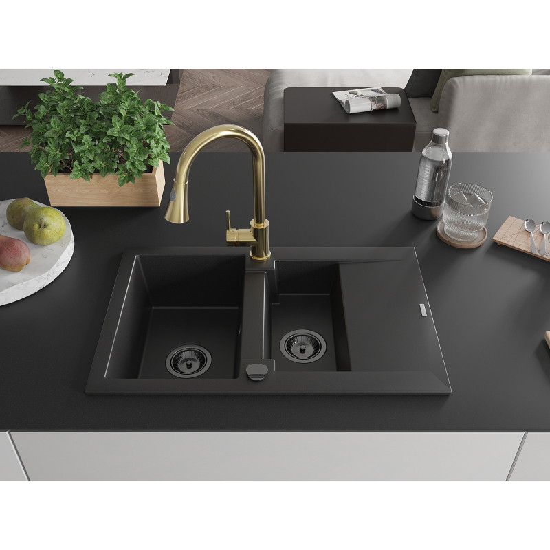 Mexen Gaspar Granitspüle 1,5-fach mit Abtropffläche und Küchenarmatur Elia, schwarz - 6507-77-670101-50-B