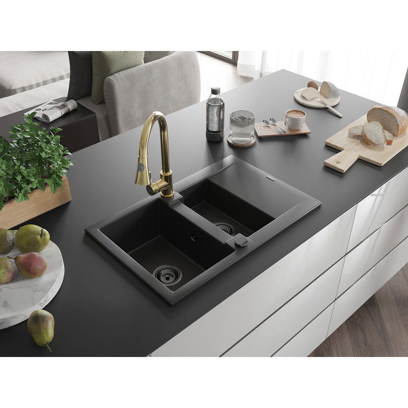 Mexen Gaspar granite sink 1.5-bowl with drainer and Elia kitchen tap, black - 6507-77-670101-50-B