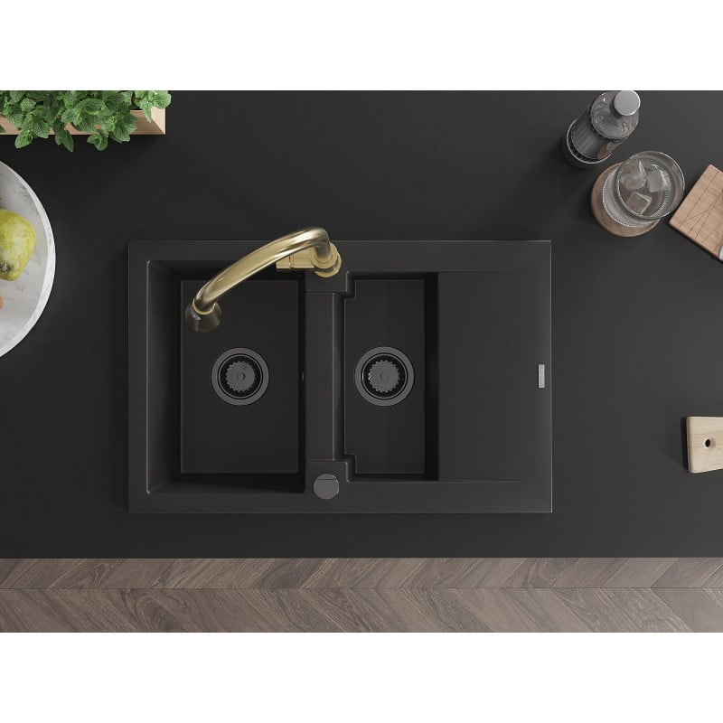 Mexen Gaspar lava-louça de granito 1,5-bacia com escorredor e torneira de cozinha Elia, preto - 6507-77-670101-50-B