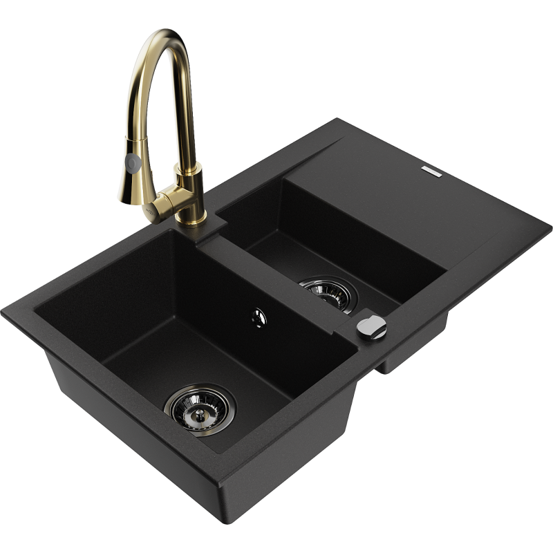 Mexen Gaspar évier en granit 1,5 bac avec égouttoir et robinet de cuisine Elia, noir - 6507-77-670101-50-B