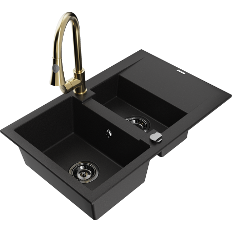 Mexen Gaspar Granitspüle 1,5-Becken mit Abtropffläche und Küchenarmatur Elia, schwarz - 6507-77-670101-50-B