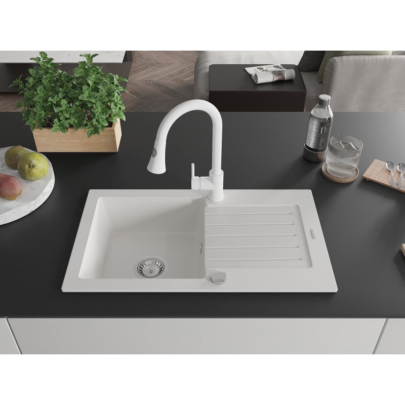 Mexen Pablo 1-bowl granite sink with drainer and Elia kitchen tap, white - 6510-20-670101-20