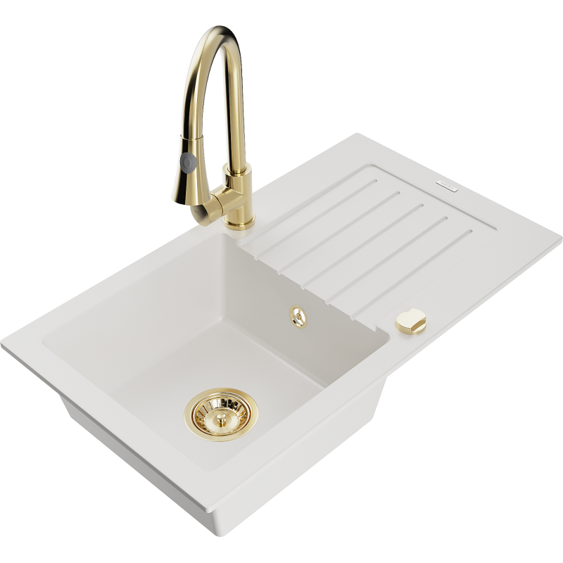 Mexen Pablo lava-louça de granito de uma cuba com escorredor e torneira de cozinha Elia, branco - 6510-20-670101-50