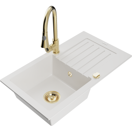 Mexen Pablo 1-bowl granite sink with drainer and Elia kitchen tap, white - 6510-20-670101-50