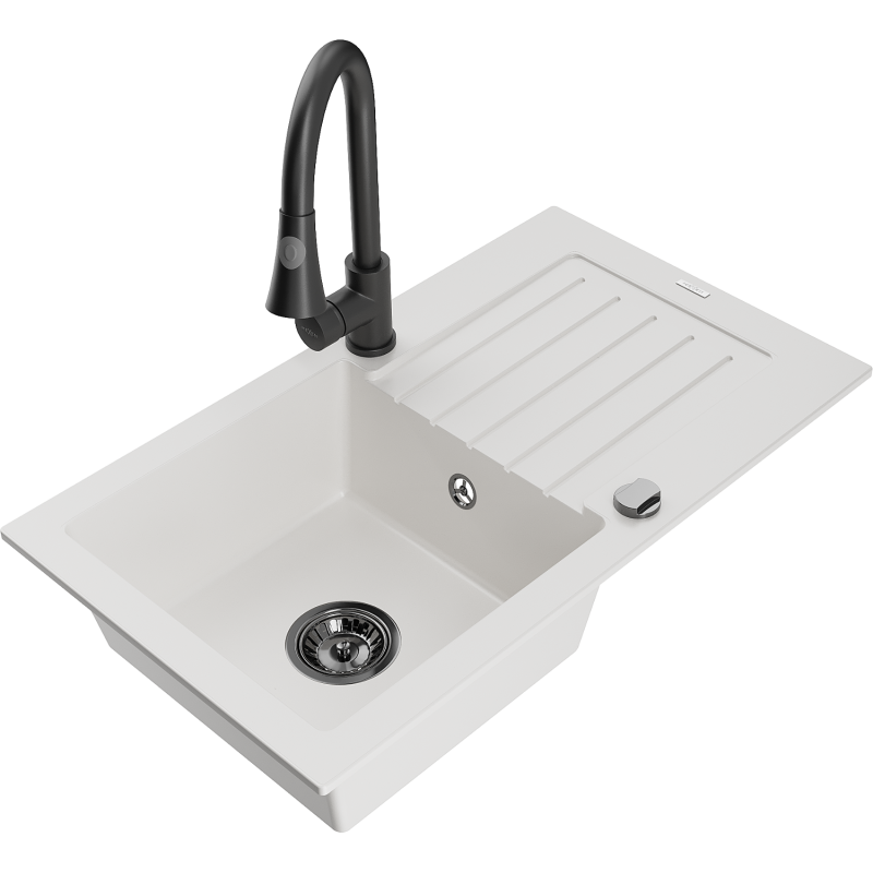 Mexen Pablo granitdiskho med 1 fack med avrinning och köksblandare Elia, vit - 6510-20-670101-70