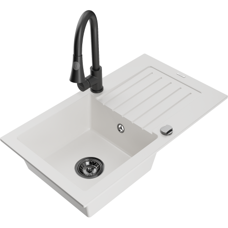 Mexen Pablo granitdiskho med 1 fack med avrinning och köksblandare Elia, vit - 6510-20-670101-70