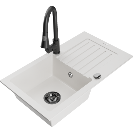 Mexen Pablo granite sink 1-bowl with drainer and Elia kitchen tap, white - 6510-20-670101-70