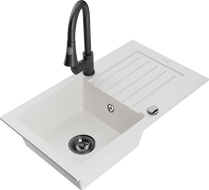Mexen Pablo granite sink 1-bowl with drainer and Elia kitchen tap, white - 6510-20-670101-70