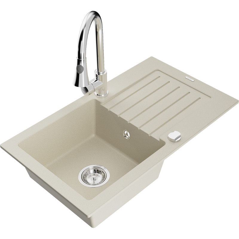 Mexen Pablo Granitspüle 1-beckig mit Abtropffläche und Küchenarmatur Elia, beige - 6510-69-670101-00
