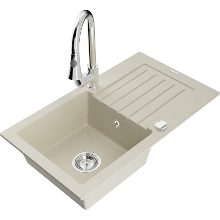 Mexen Pablo Granitspüle 1-beckig mit Abtropffläche und Küchenarmatur Elia, beige - 6510-69-670101-00