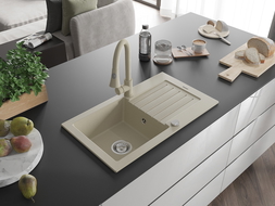 Mexen Pablo Granitspüle 1-Becken mit Abtropffläche und Küchenarmatur Elia, beige - 6510-69-670101-69