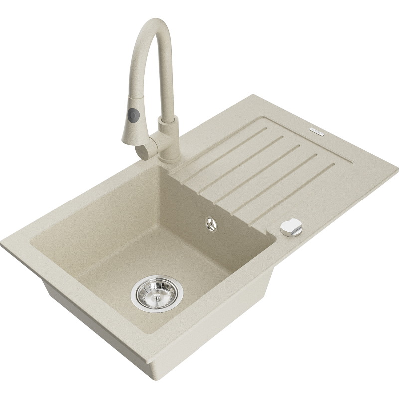 Mexen Pablo 1-beckiger Granitspüle mit Abtropffläche und Küchenarmatur Elia, beige - 6510-69-670101-69