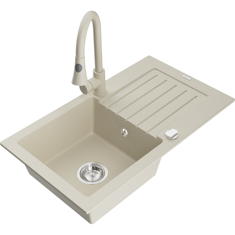 Mexen Pablo fregadero de granito de 1 seno con escurridor y grifo de cocina Elia, beige - 6510-69-670101-69