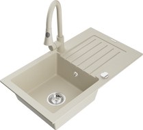 Mexen Pablo Granitspüle 1-Becken mit Abtropffläche und Küchenarmatur Elia, beige - 6510-69-670101-69