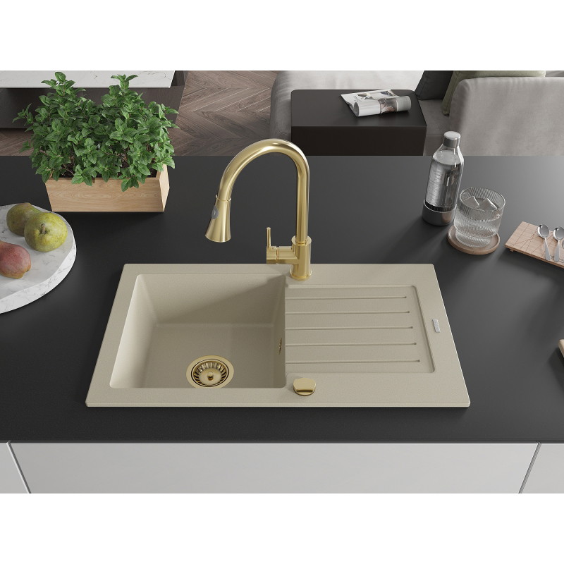 Mexen Pablo fregadero de granito de 1 seno con escurridor y grifo de cocina Elia, beige - 6510-69-670101-50