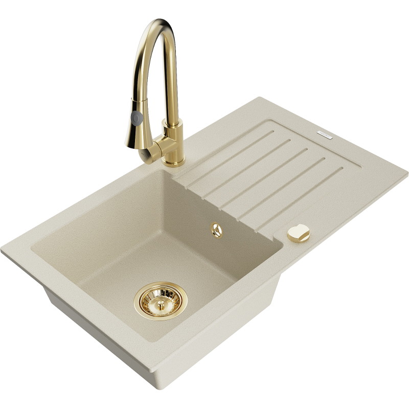 Mexen Pablo granit gootsteen met 1 bak, afdruiprek en keukenmengkraan Elia, beige - 6510-69-670101-50