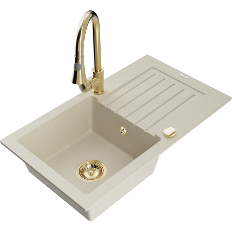 Mexen Pablo granieten spoelbak 1-kom. met afdruiprek en keukenkraan Elia, beige - 6510-69-670101-50