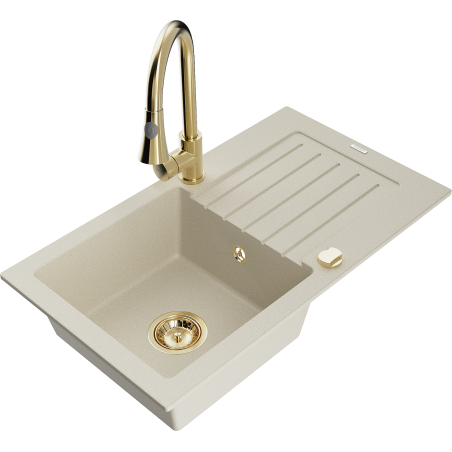 Mexen Pablo granitdiskbänk med en kammare, avrinning och köksblandare Elia, beige - 6510-69-670101-50