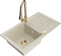 Mexen Pablo 1-bowl granite kitchen sink with drainer and Elia kitchen faucet, beige - 6510-69-670101-50