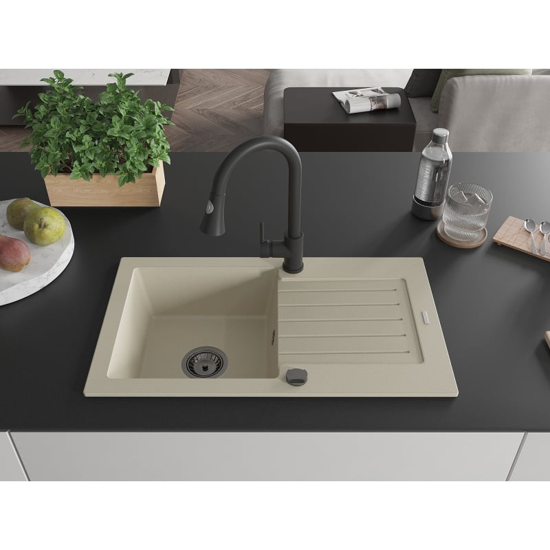 Mexen Pablo fregadero de granito de 1 cuenco con escurridor y grifo de cocina Elia, beige - 6510-69-670101-70