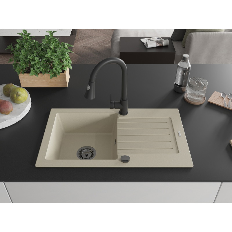 Mexen Pablo fregadero de granito de 1 seno con escurridor y grifo de cocina Elia, beige - 6510-69-670101-70